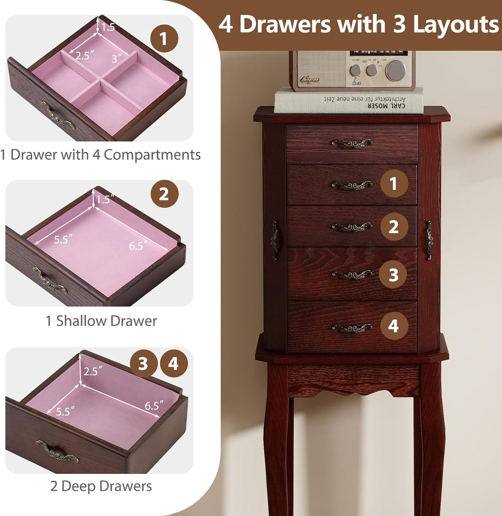 CHARMAID Standing Jewelry Cabinet with 4 Drawers, Flip Top Mirror, Walnut
