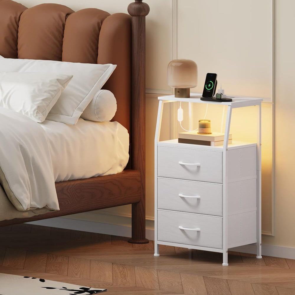 Somdot Nightstand with Charging Station, Smart LED Light, 3 Fabric Drawers
