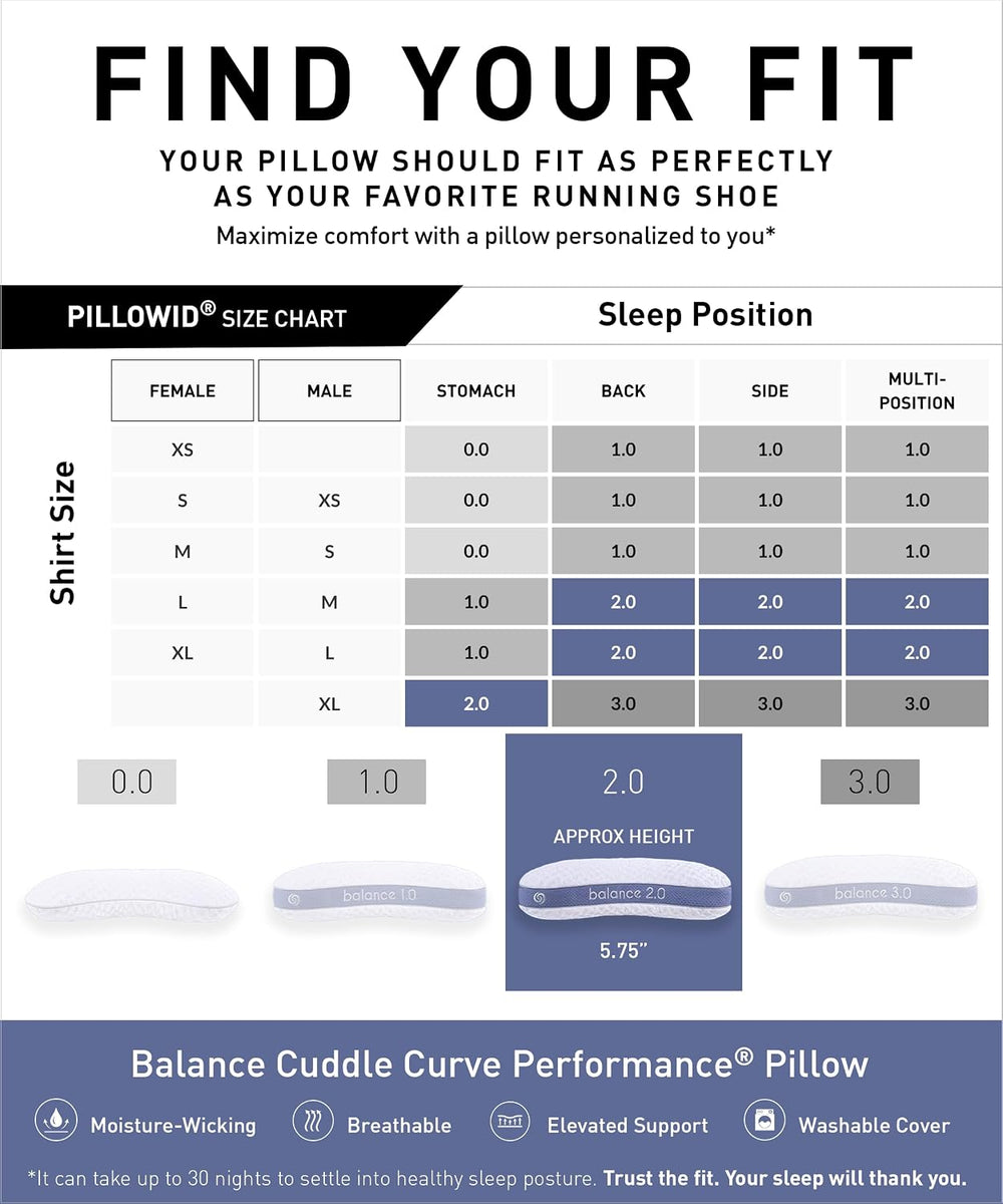 Bedgear Balance Cuddle Curve Performance Pillow - Size 2.0 - Moisture-Wicking...