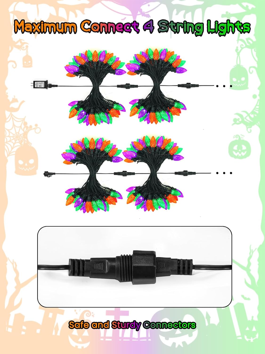 2 Pack C9 Halloween String Lights Plug in 66 FT 100 LED Orange Purple Green