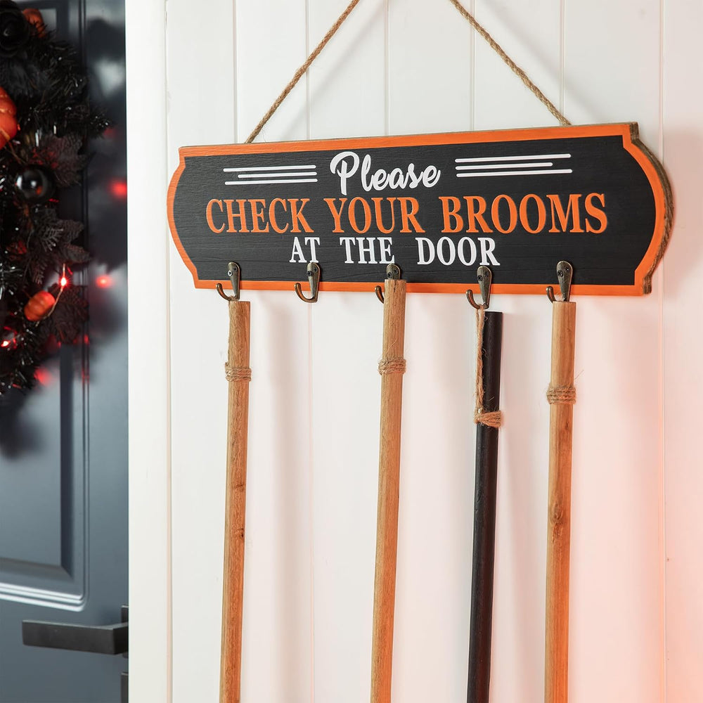 Glitzhome 42”H Halloween Porch Decoration Broom Parking Sign with 5 Wooden Wi...