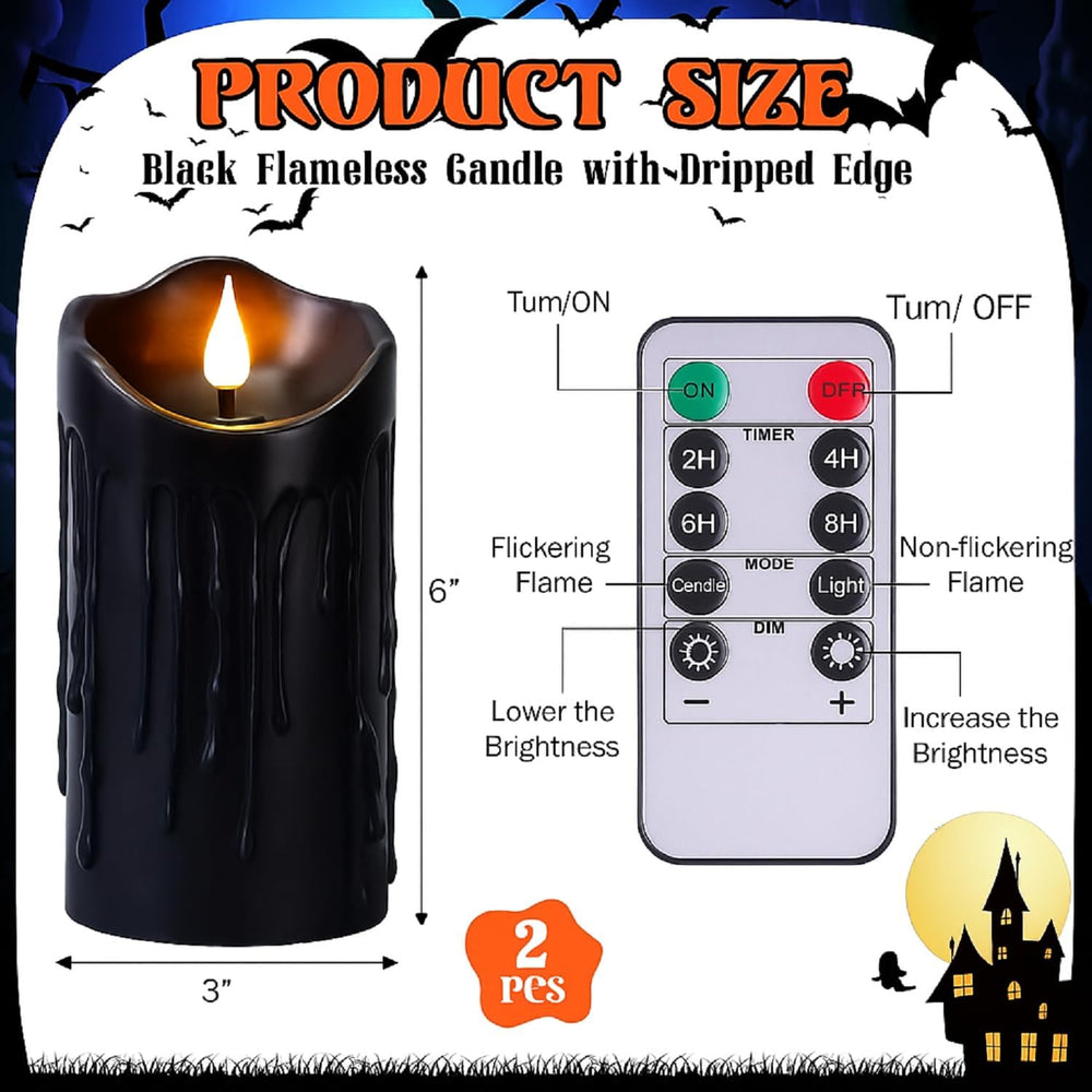 2 Pack Halloween Black Flameless Pillar Candles with Remote, 3 x 6 Inch
