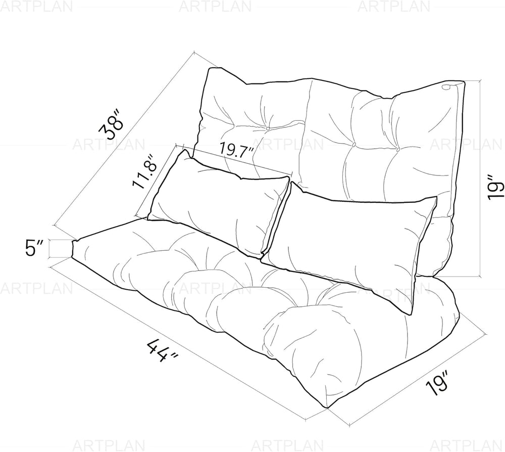 ARTPLAN 5 Piece Patio Loveseat Cushion Set 44x19 Wicker Pads Ties,Floral