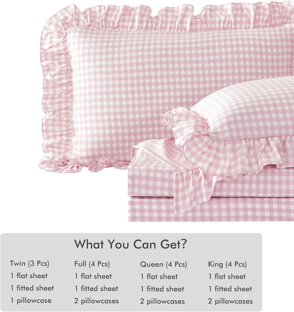 King Gingham Ruffled Sheet Set with 16" Deep Pockets 4 Pieces