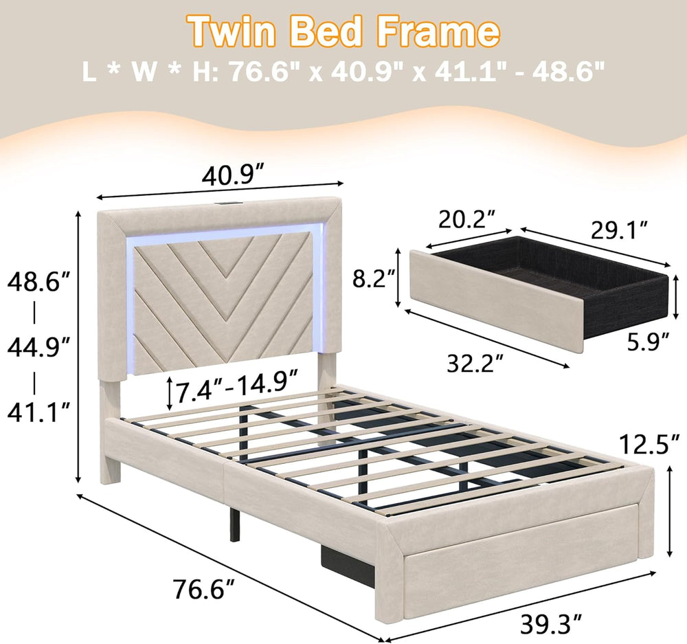 Twin Bed Frame with Adjustable Charged Headboard & Drawer, Off White