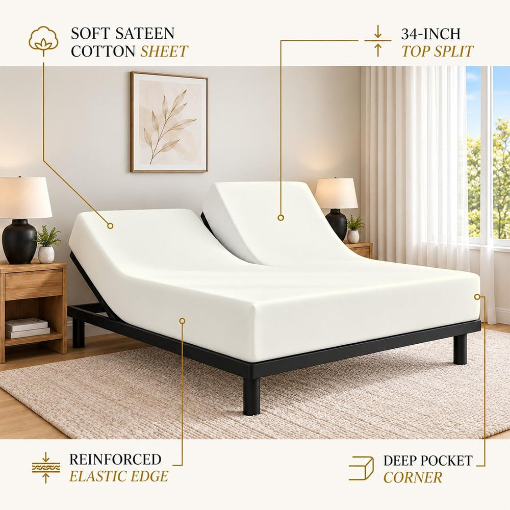1 Piece Top Split King Fitted Sheet for Adjustable beds, 34" Split, Ivory