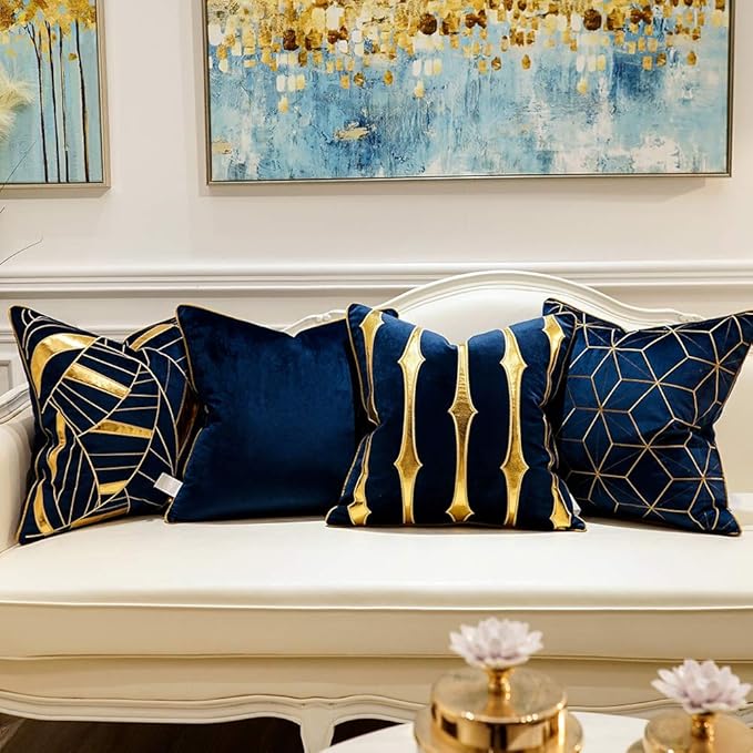 Avigers 20 x 20 Inches Navy Blue Gold Striped Cushion Case Luxury European - Image 7