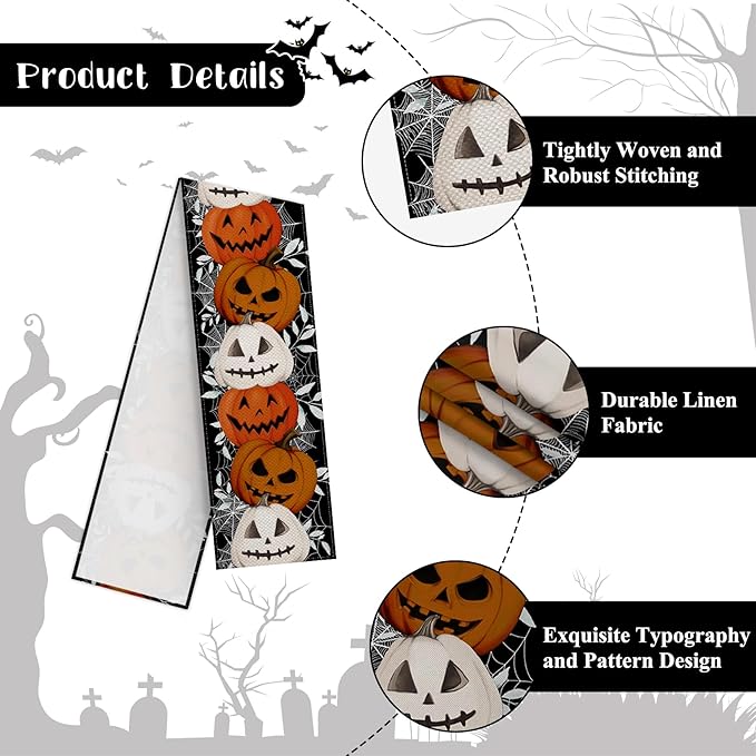 Happy Halloween Table Runner Pumpkin Black Spider Web Fall Kitchen Dining Table - Image 7