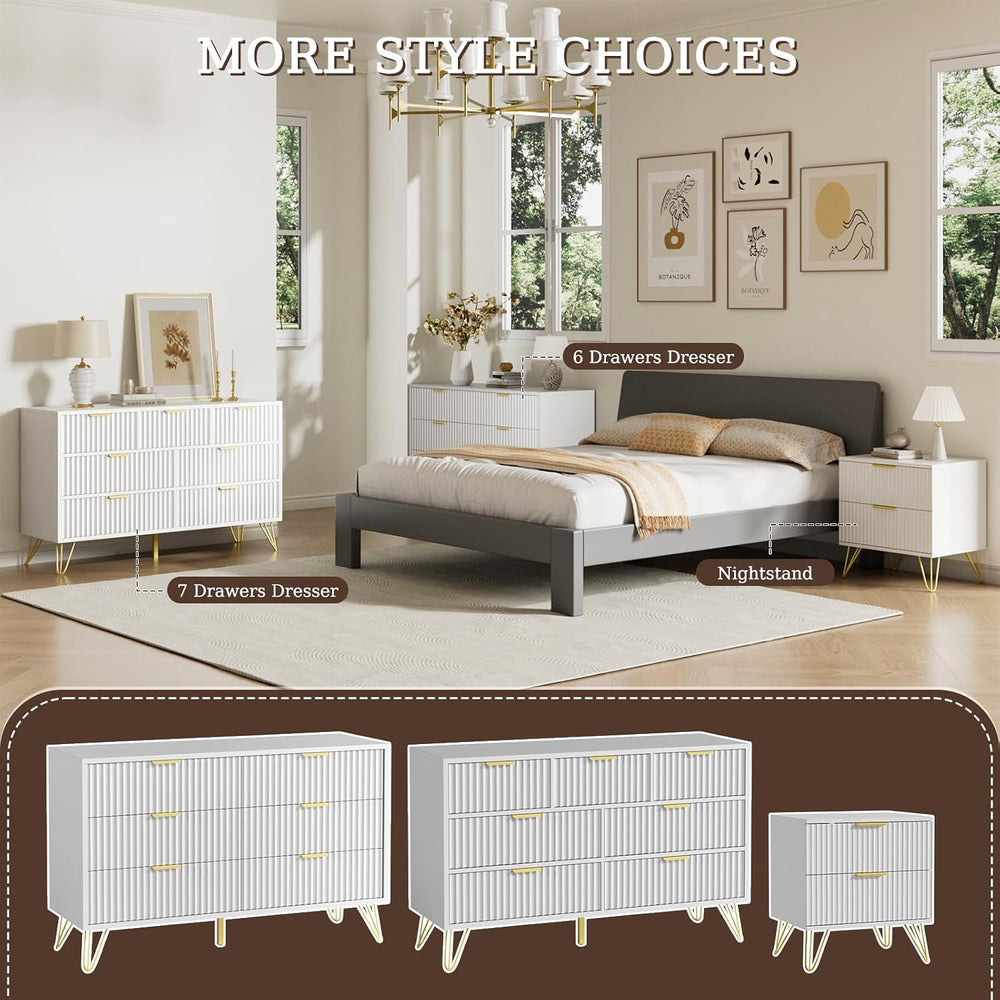 LYNSOM Fluted Dresser for Bedroom, White 7 Drawer Dresser with Gold Handles a...