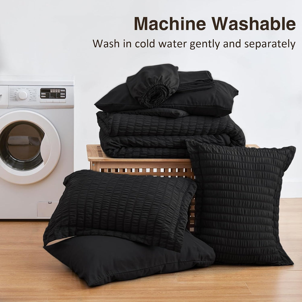 Love's cabin Seersucker Black Queen Comforter Set (7-Piece)