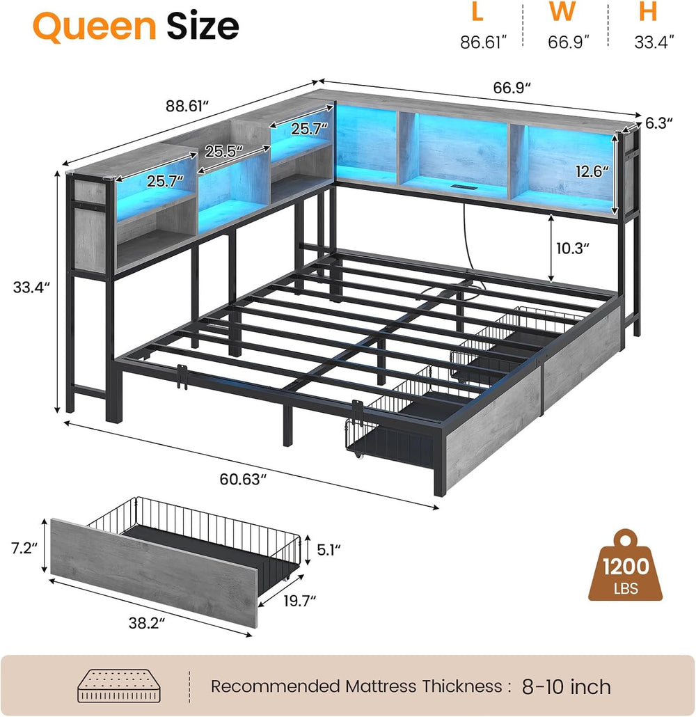 Hasuit Corner Bed Frame Queen with Storage Bookcase and Drawers, Queen Size D...