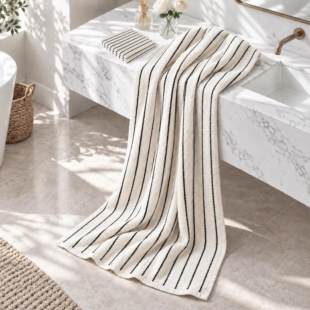 Striped Bath Towels Set of 2 Cotton Classic Black and Ivory Stripe Towels