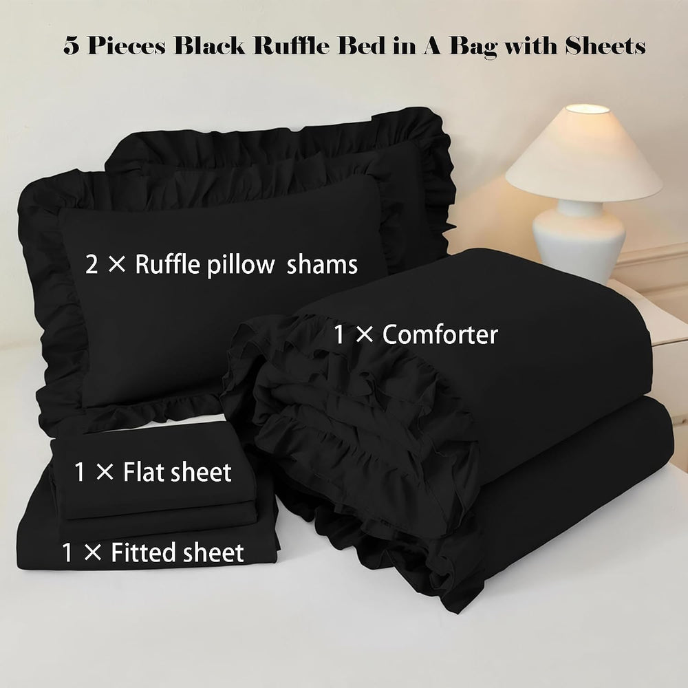 ANGIYUIN Black Queen Size Comforter Set 5Pcs Ruffle Bed in A Bag