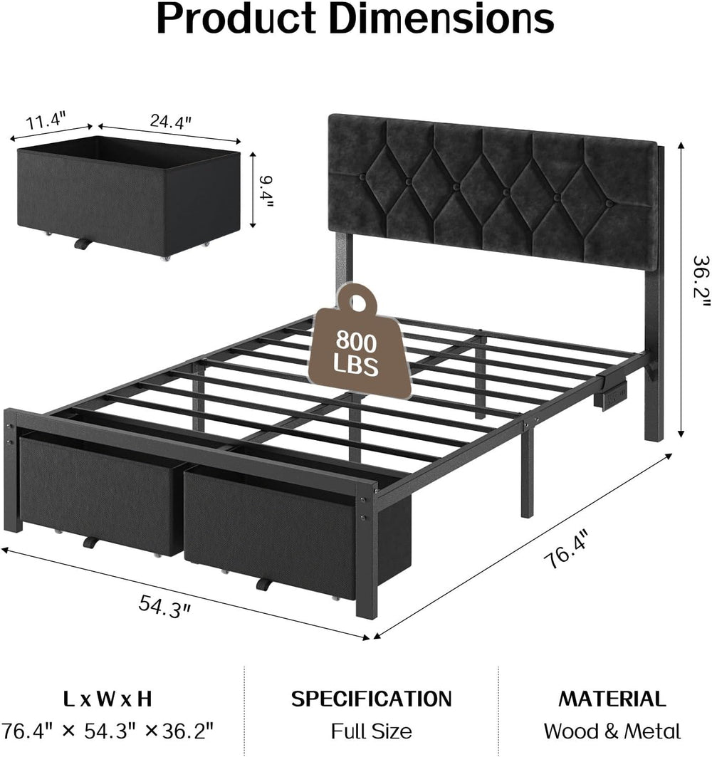 Full Size Bed Frame with 2 Storage Drawers & Upholstered Headboard