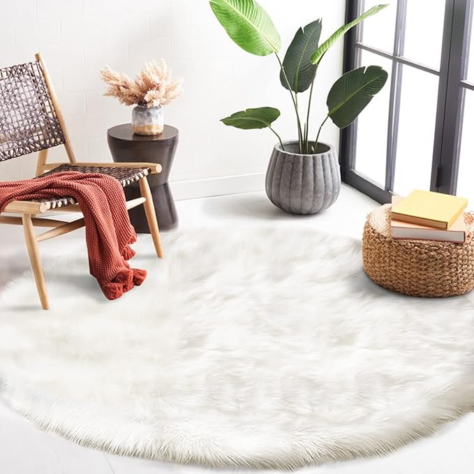 Latepis White Round Rug 6.7 ft, Faux Fur Sheepskin Circle Rug - Image 7