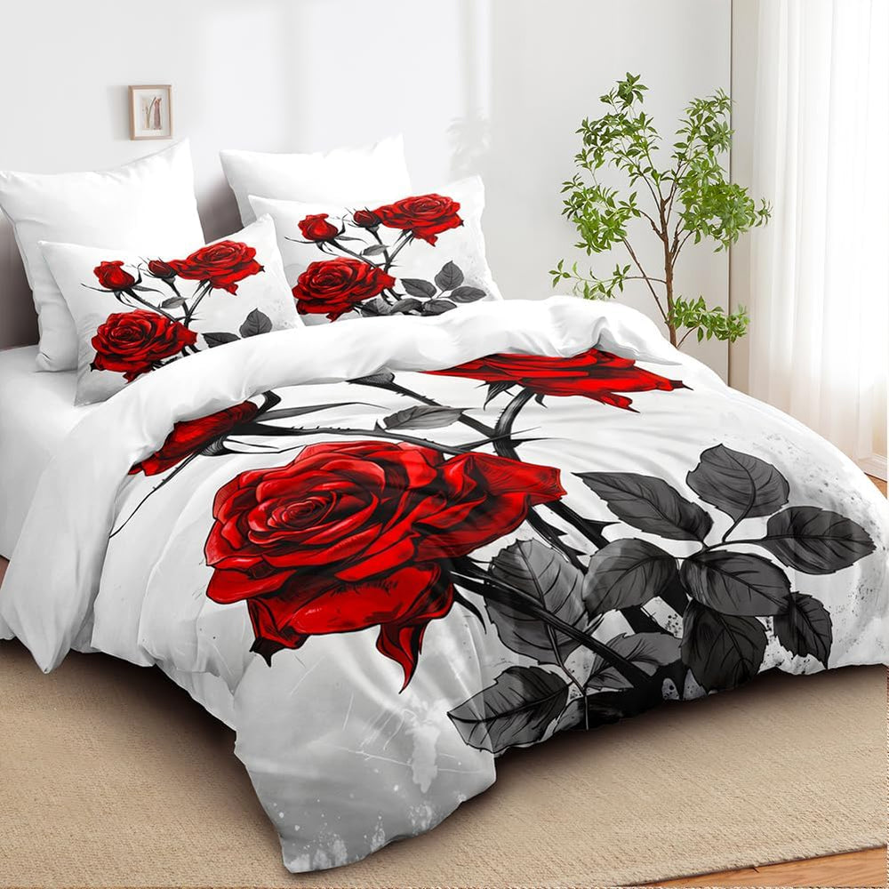 CCoutueChen Floral Comforter Set Red Rose Green Botanical Bedding King