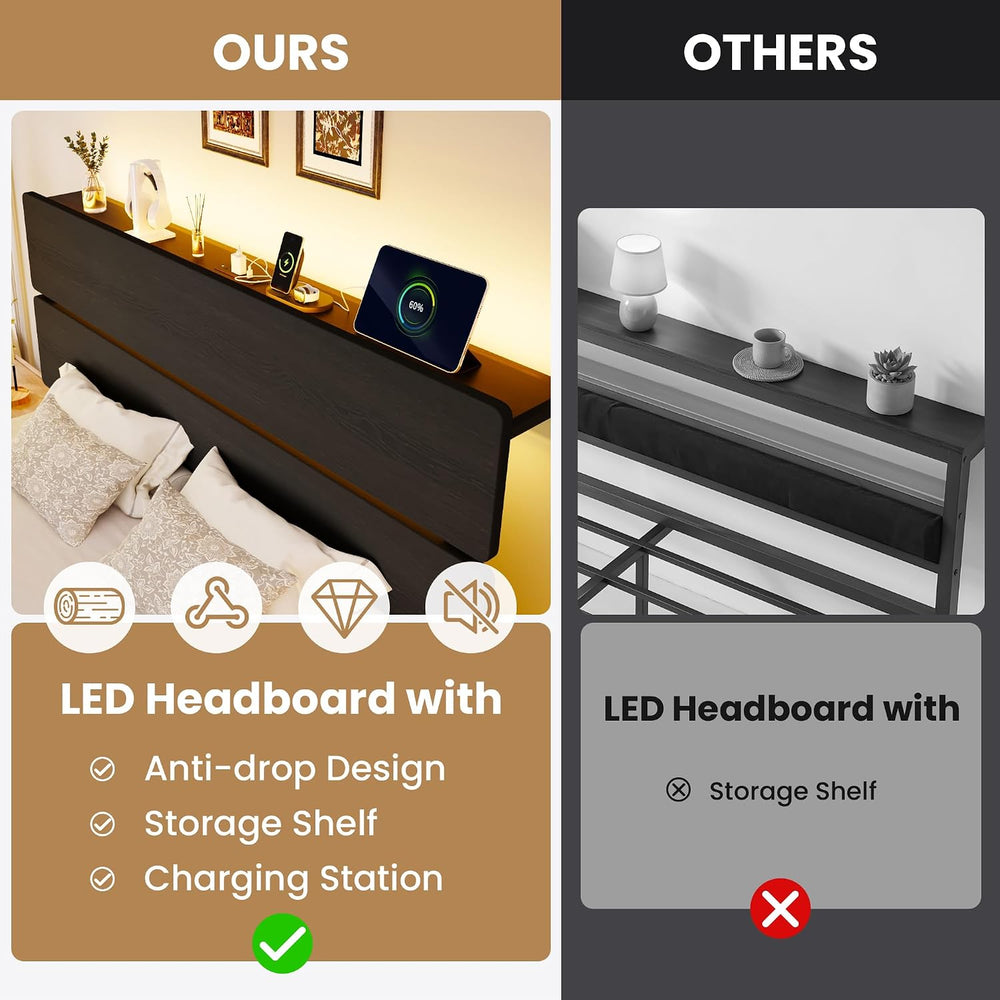 SHA CERLIN Queen Size Bed Frame, Led Light, Charging Station, Storage Shelf