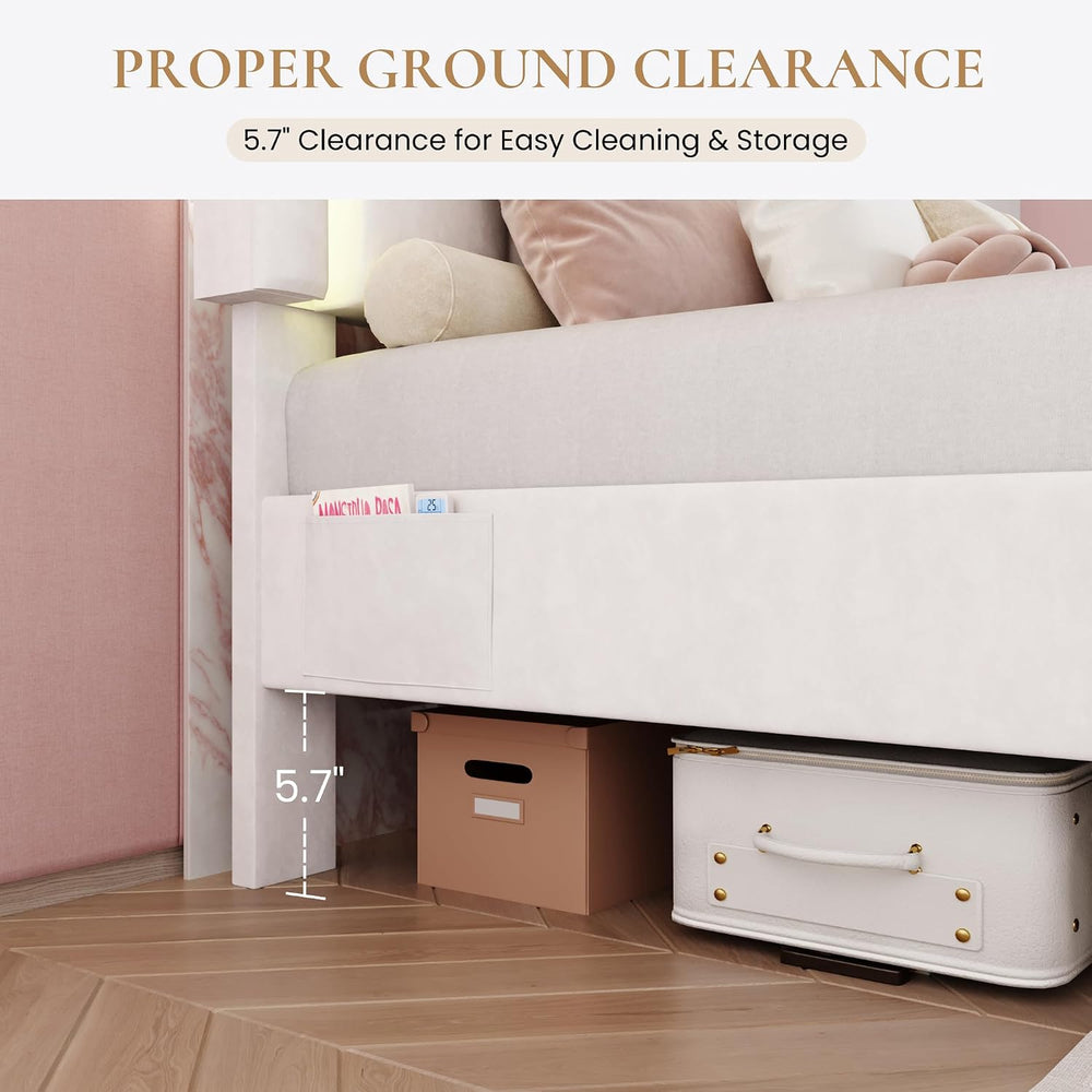 SHA CERLIN Queen Size Bed Frame with LED Lights and Storage Drawer, White