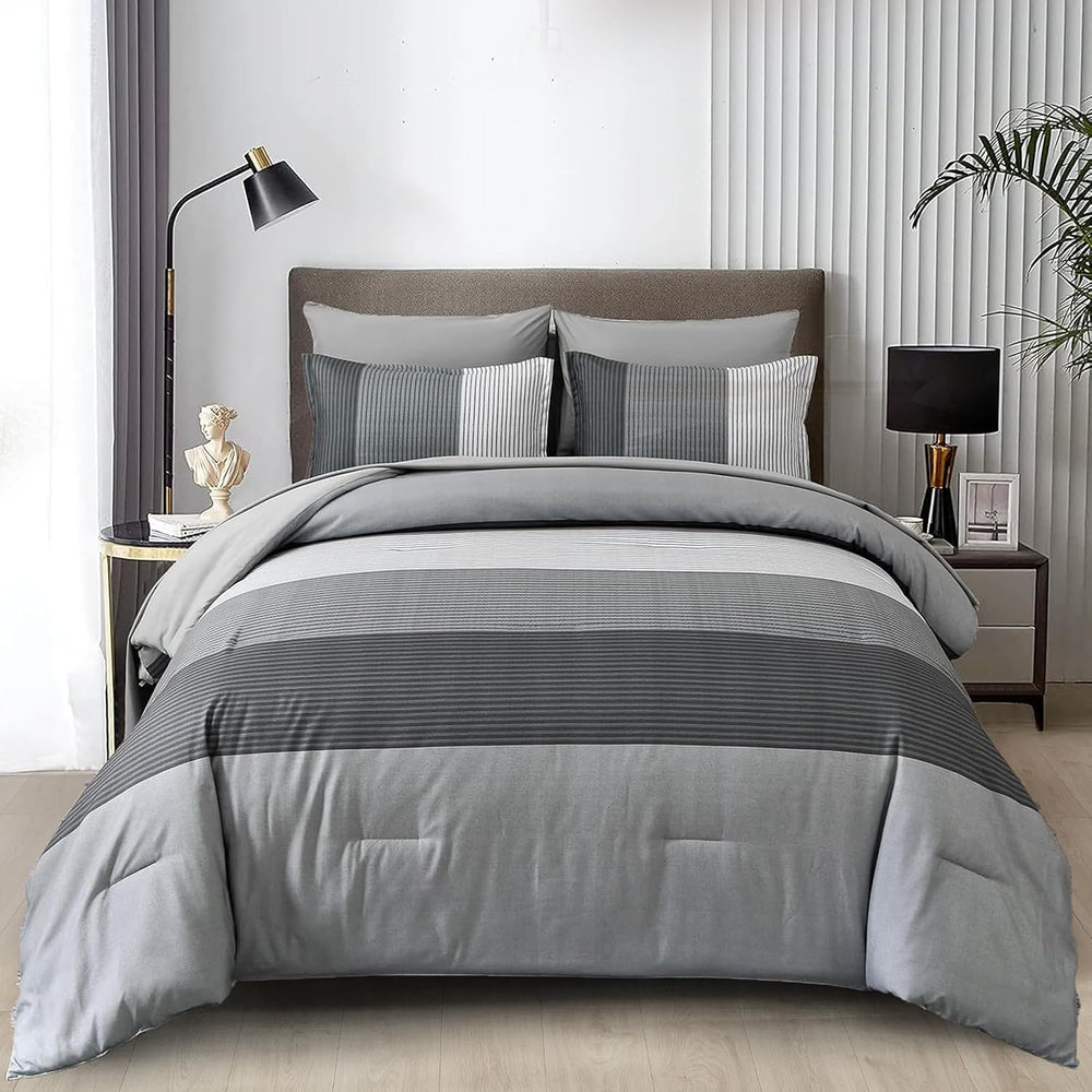 WONGS BEDDING Grey Comforter Set Queen, Reversible Grey Striped Patchwork Dow...