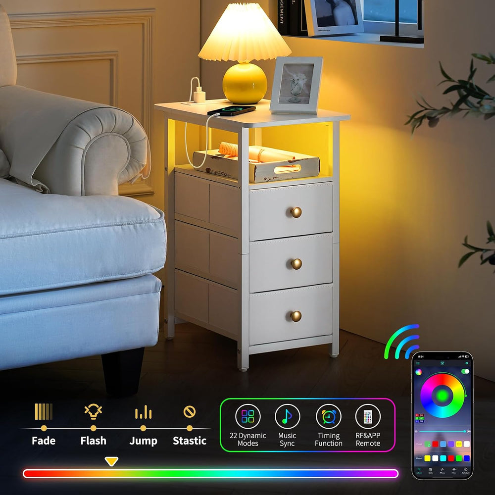 Yoobure End Table with Charging Station, LED Narrow Side Table Bedside Table,...