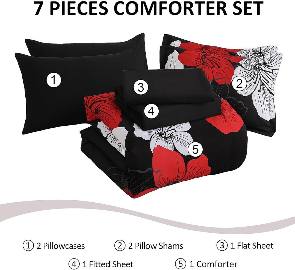 Luxudecor Red Black Comforter Set Queen Size, 7 Pieces Floral Bed in a Bag