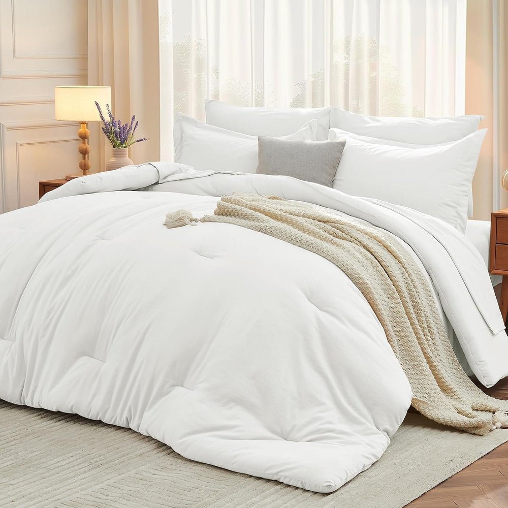 MUXHOMO California King Comforter Set 7-Piece, Soft Bed in a Bag, White