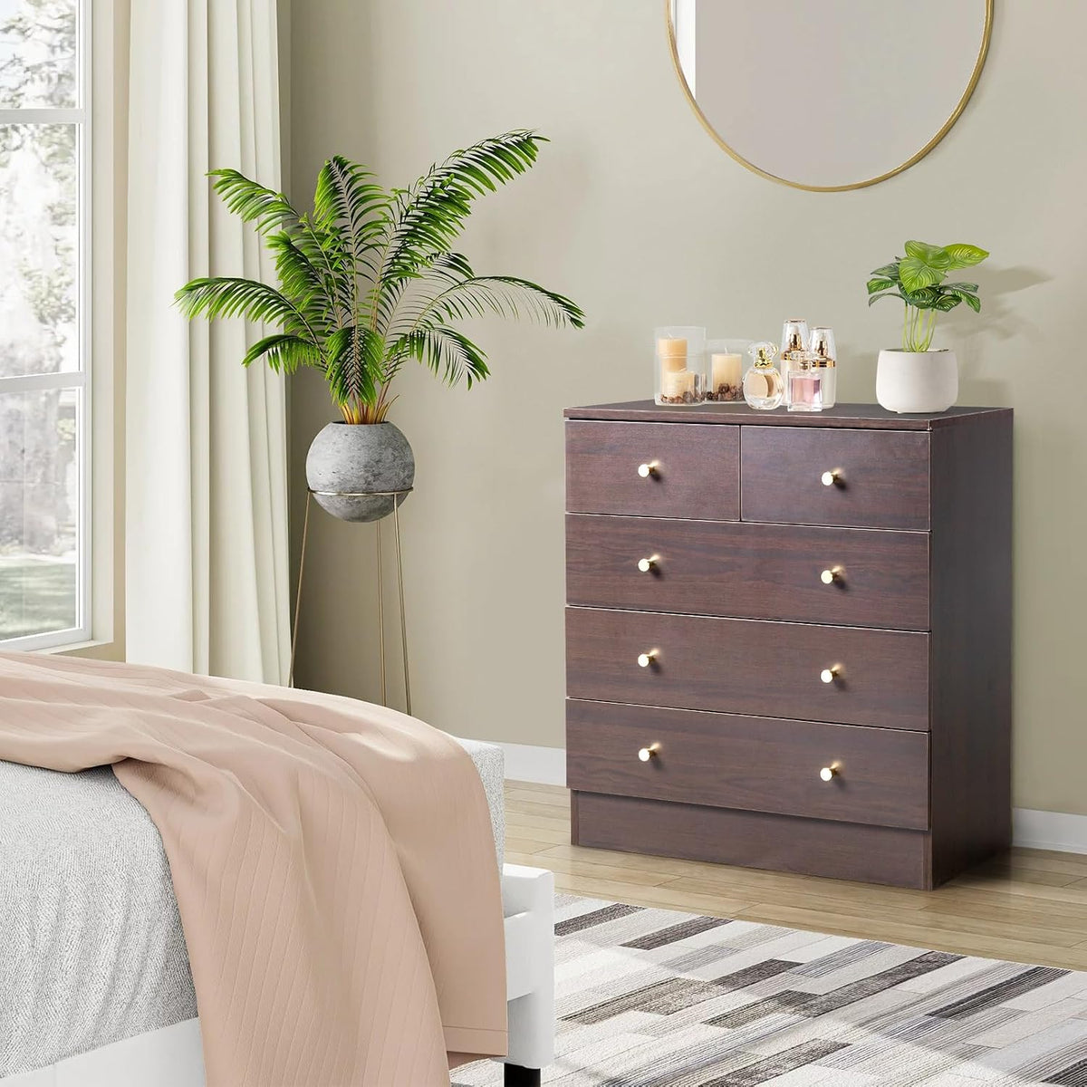 karl home brown 5 drawer dresser, rose gold, front angle view