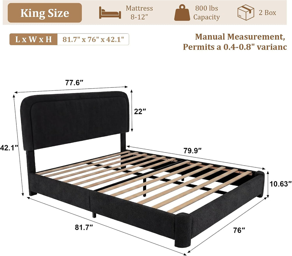 Vipbear Boucle King Size Bed Frame with Adjustable Headboard, Upholstered Clo...