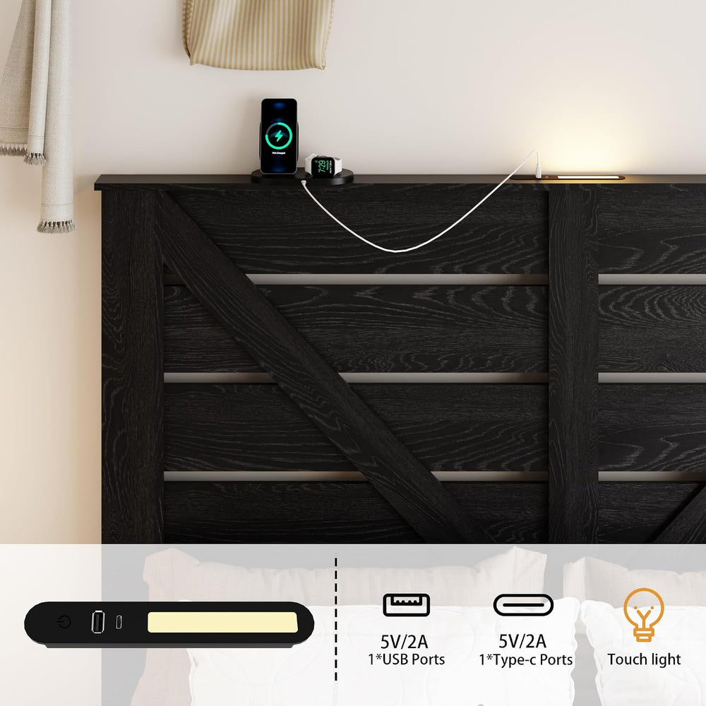King Farmhouse Bed Frame with Headboard, LED Lights, USB Charging