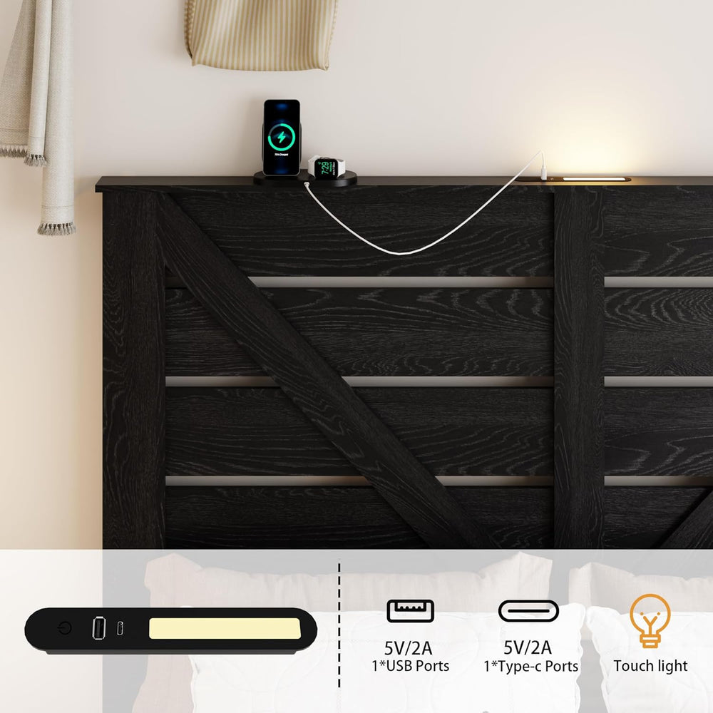Queen Farmhouse Bed Frame with Headboard, LED Lights, USB Charging