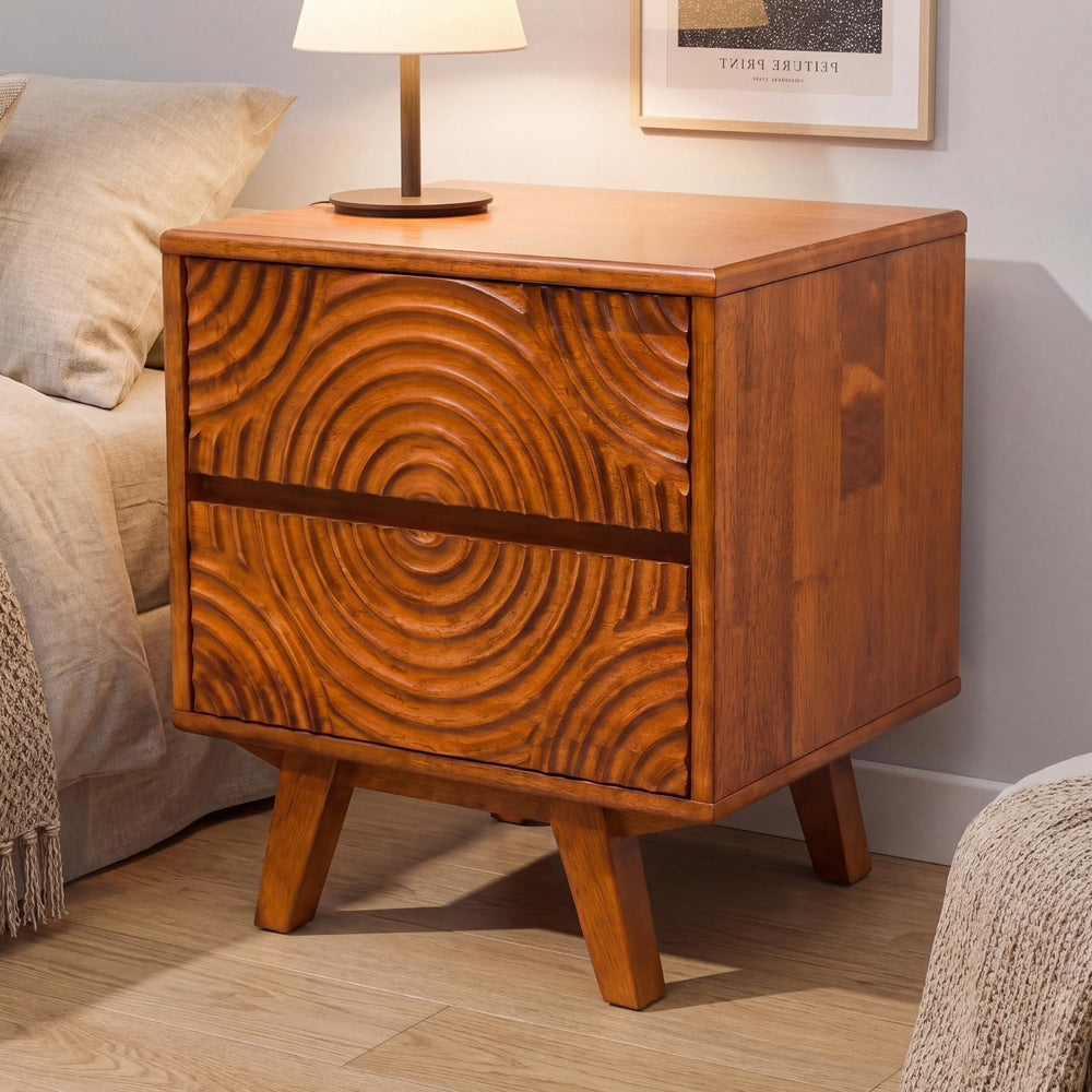 Acacia Harmony Solid Wood Nightstand with 2 Drawers, Bedside Table, Caramel