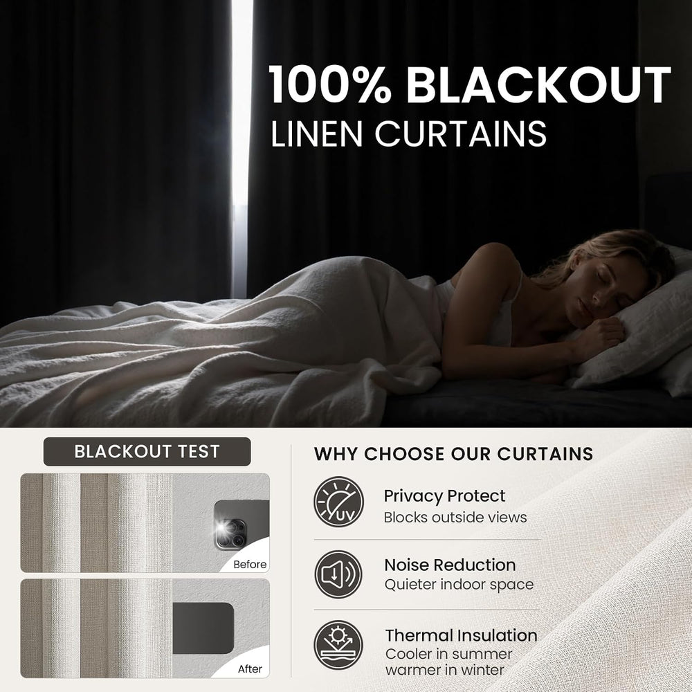 90 Inch Blackout Linen Curtains for Bedroom Natural Beige 52 Inch Wide