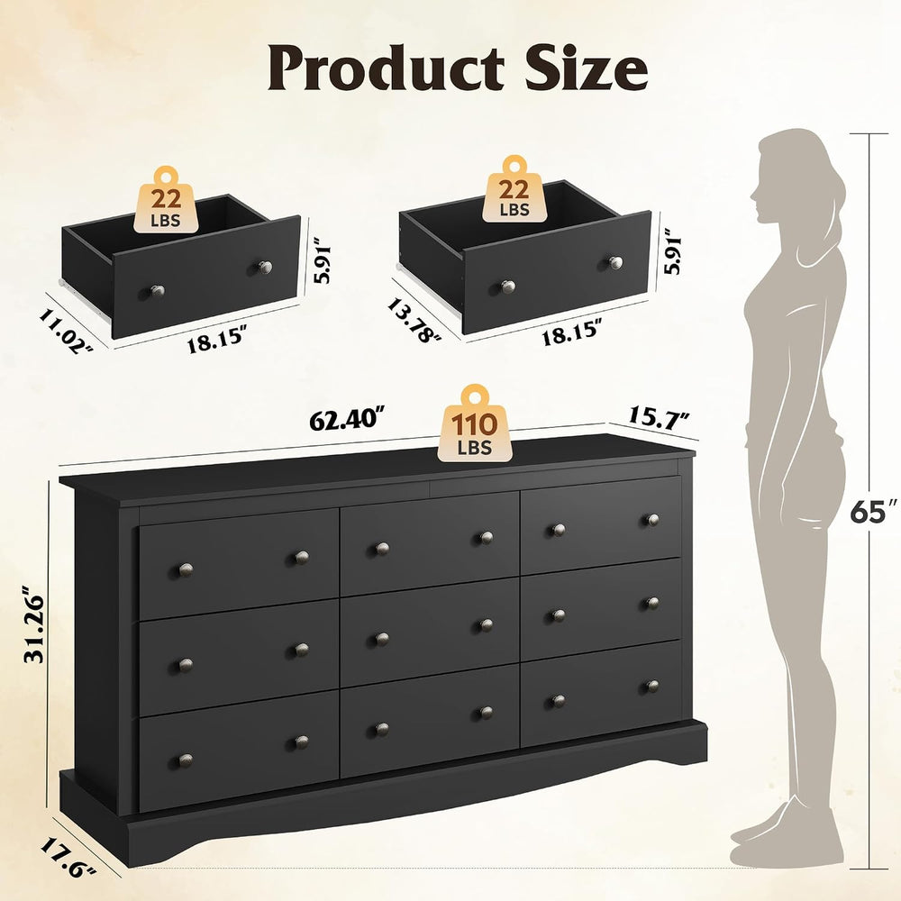 WLIVE 63" Dresser for Bedroom, Modern 9 Drawer Dresser with Exclusive An...