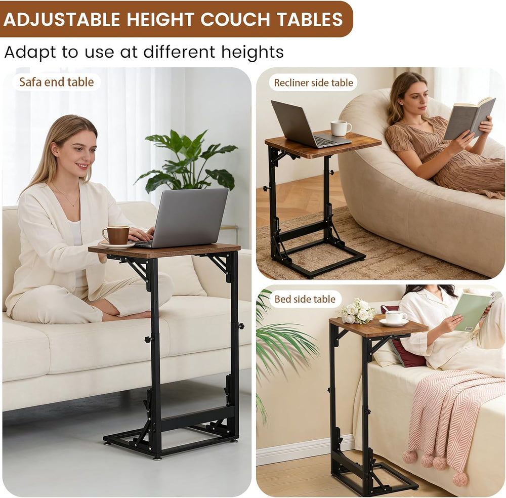 Folding Side Table, Adjustable C-Shaped End Table for Couch, Metal Frame TV T...