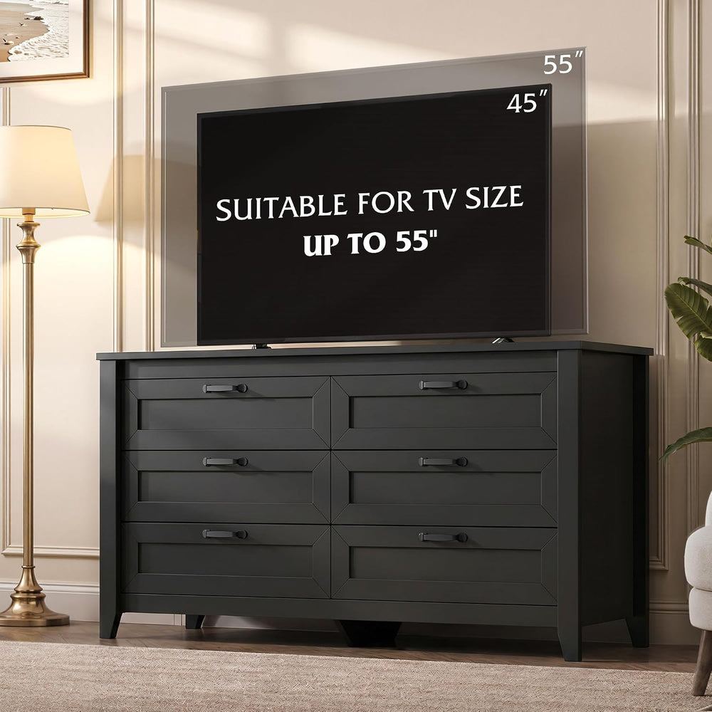 WLIVE Black Dresser 6 Drawers for Bedroom, Wood Dresser TV Stand for 55" TV