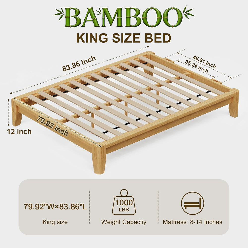 King Solid Bamboo Bed Frame, Japanese Joinery Platform Bed Frame(Natural)