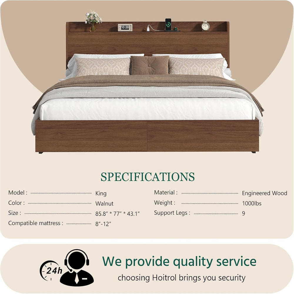 King Size Bed Frame with Storage Headboard & 2 Drawers, Mid-Century Moder...