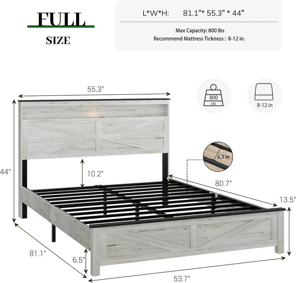 Full Size Bed Frame with Headboard, Rustic Farmhouse Wood Bed Frame with LED ...