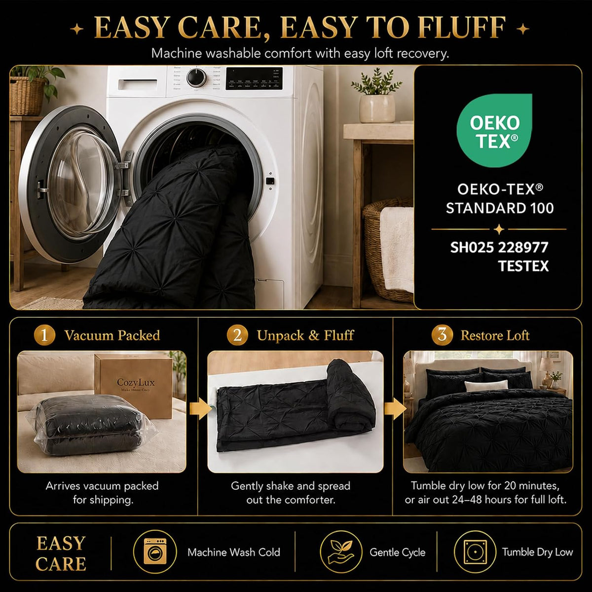 cozylux full size comforter sets black, 7 pieces, front angle view