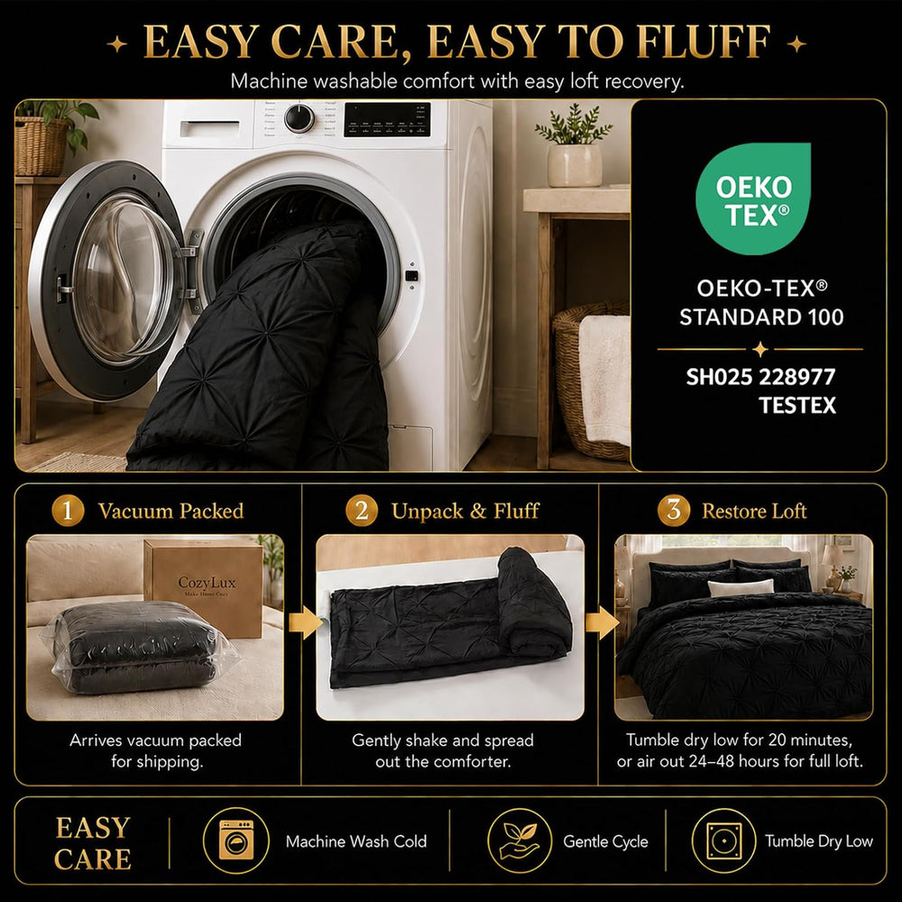 CozyLux King Size Comforter Set Black, 7 Pieces Pintuck Bed in a Bag