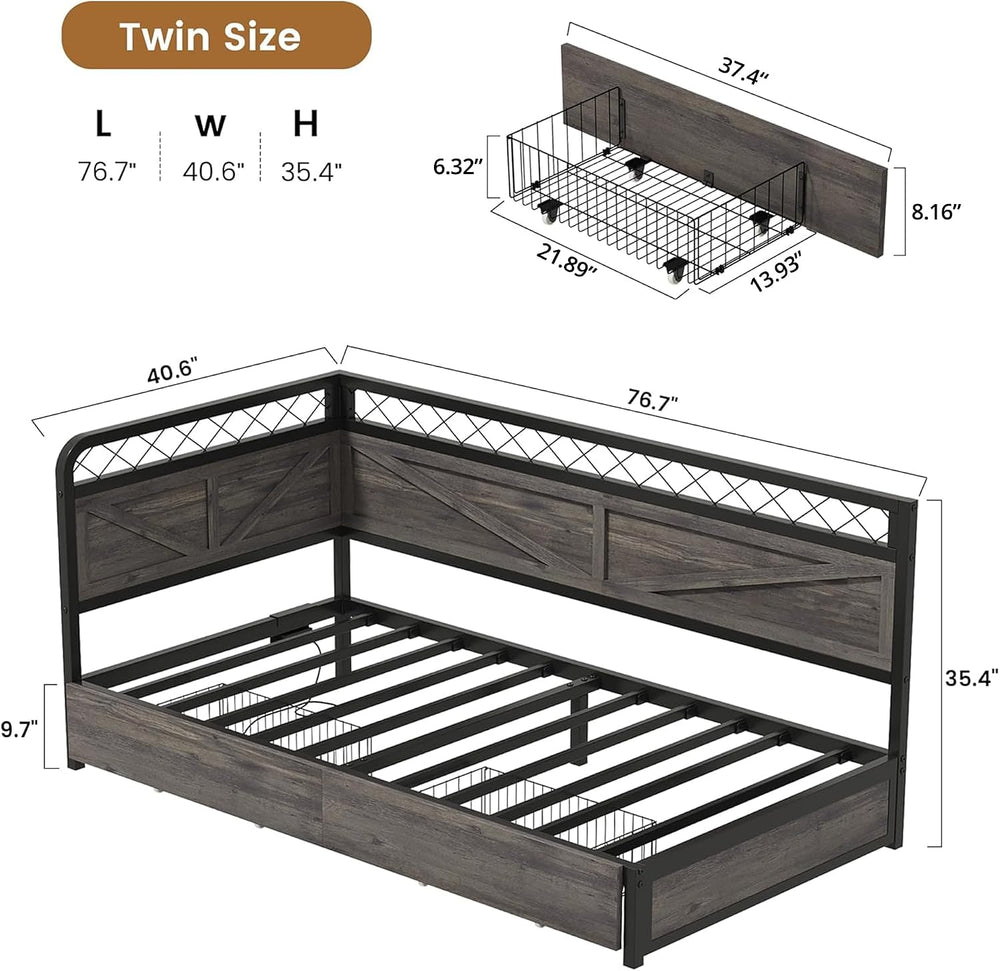 ANCTOR Corner Bed Frame Twin DayBed with Storage Drawers, Charcoal Grey