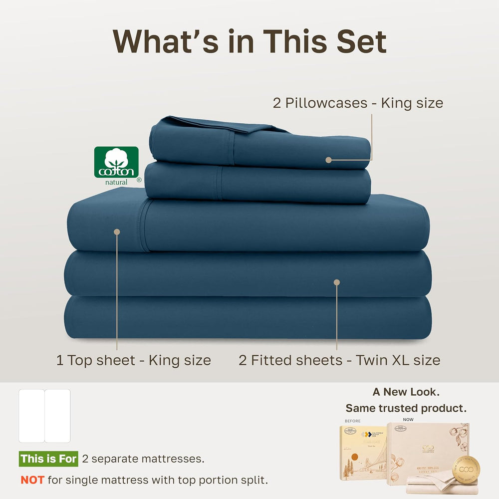 California Design Den Soft 100% Cotton Sateen Split King Sheet Set, 5 Pcs