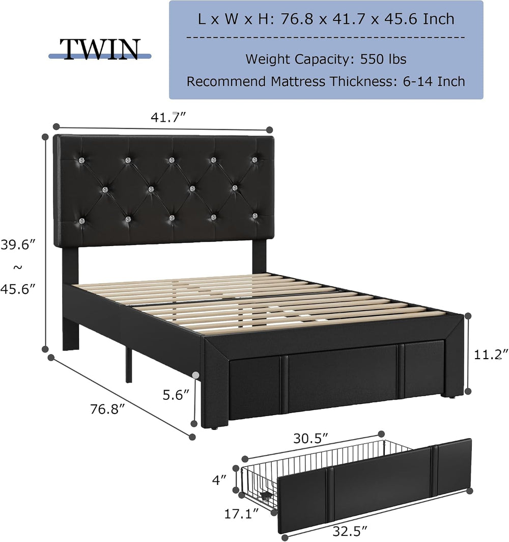 VECELO Twin Size Bed Frame with Storage Drawers, Leather Upholstered Bedframe...