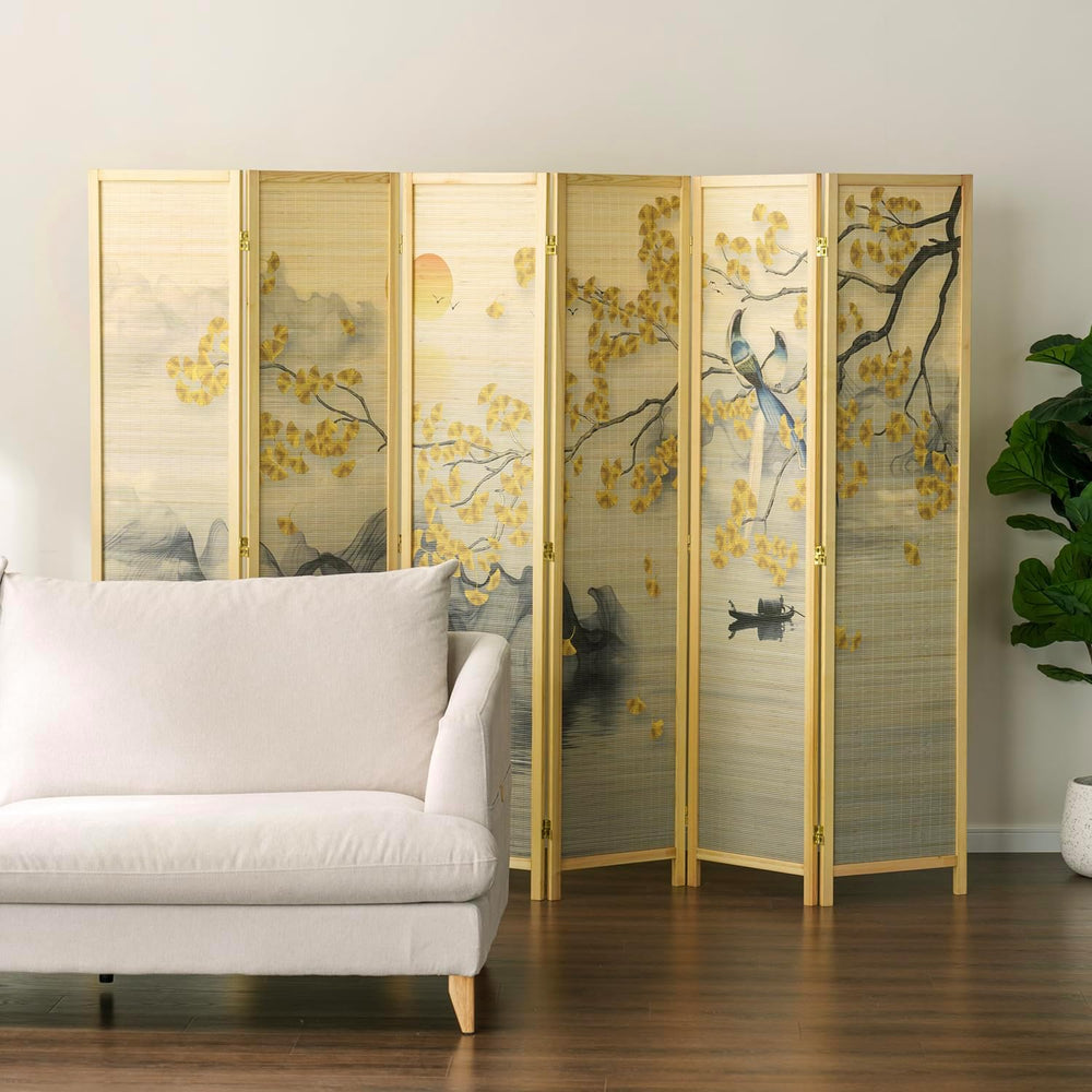 MyGift 6 Panel Bamboo Room Divider, Dual Sided Asian-Inspired Artwork