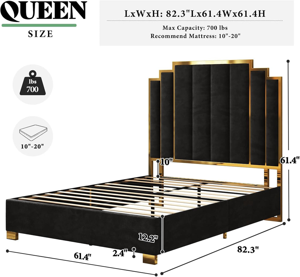 AMERLIFE Queen Size Velvet Upholstered Bed with Gold Trim Headboard, Black