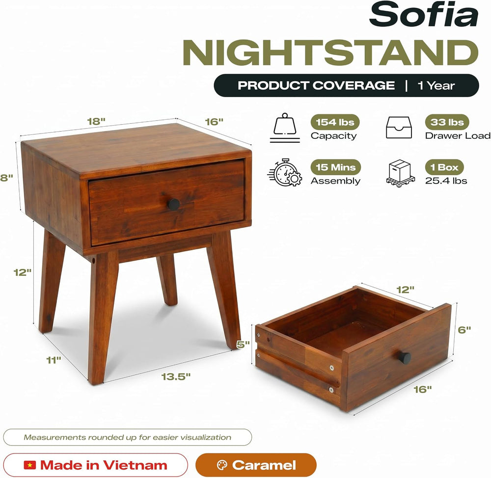 Acacia Sofia Nightstand with Drawer, Bedside Table, Solid Wood Bedside End Ta...