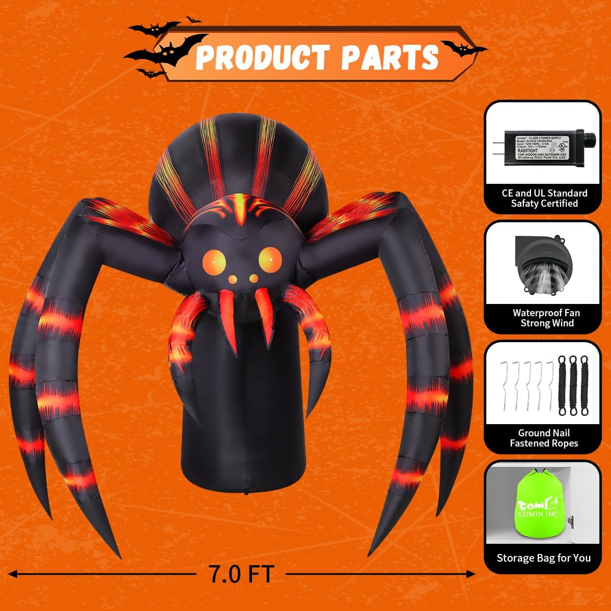 COMIN 7FT Halloween Inflatables Orange Stripe Spider Yard Decor with LEDs