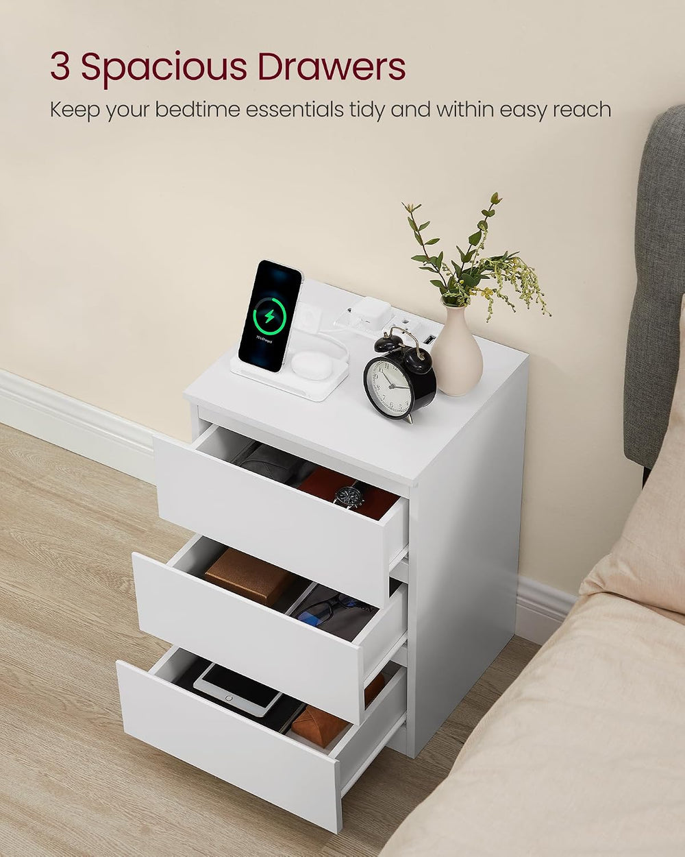 VASAGLE Nightstand with Charging Station, 3 Drawers