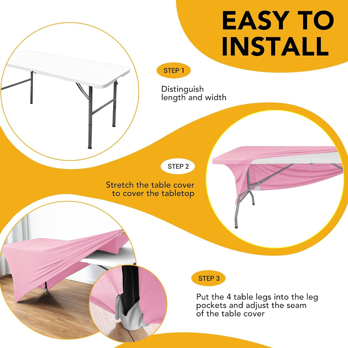 premium pink spandex tablecloths for 6ft rectangle tables, front angle view