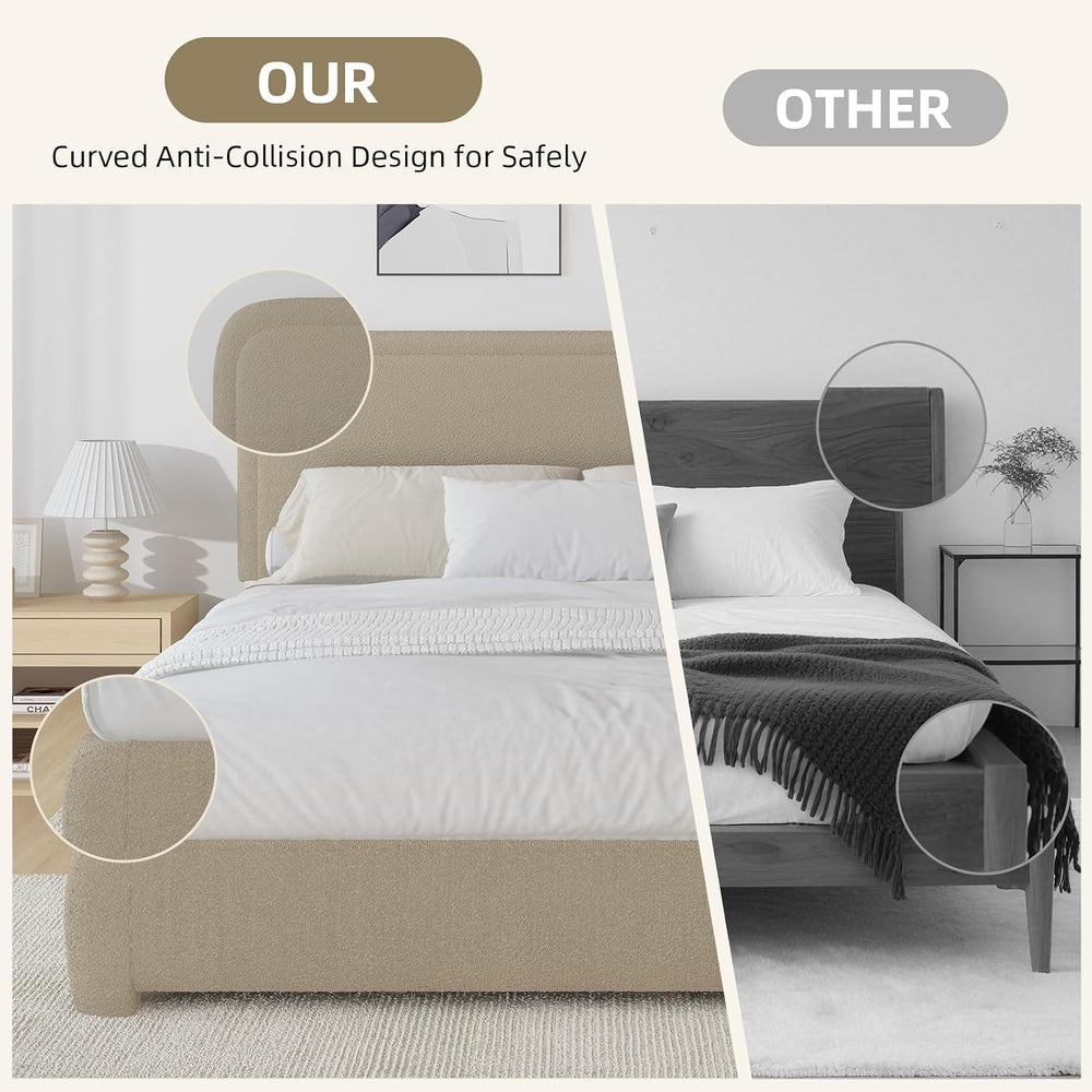 BarnFurin Twin Bed Frame, Cloud Boucle Headboard, Rounded Corners, Beige